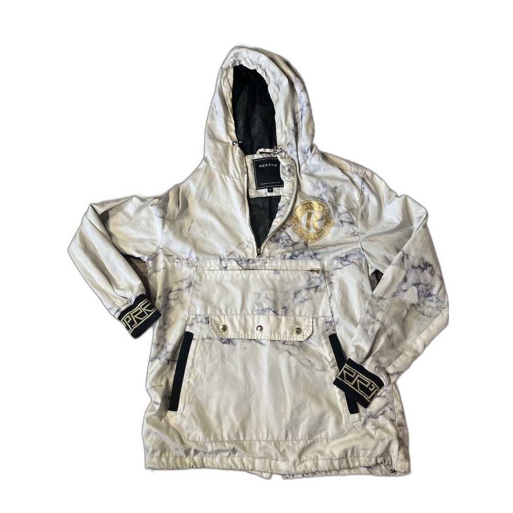 Reason NYC Marble Anorak Jacket Mens Small White Gold Streetwear Windbreaker